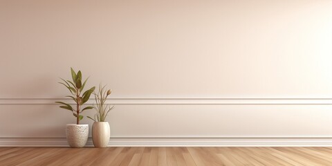 White classic wall background, brown parquet floor, home furniture detail, frame and vase of plant. : Generative AI - obrazy, fototapety, plakaty