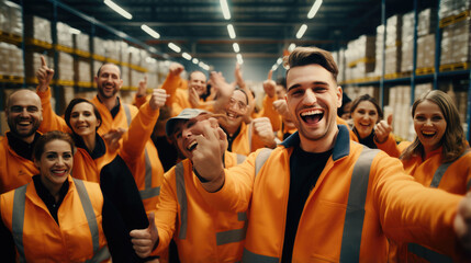 Joyful team smiles against the backdrop of a warehouse