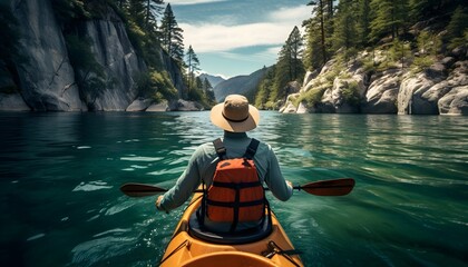 An idyllic scene featuring a man peacefully kayaking on the pristine waters of a stunningly beautiful lake surrounded by nature's tranquility.
