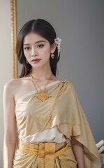Beautiful, cute woman wearing Thai dress gold color poses as a model
