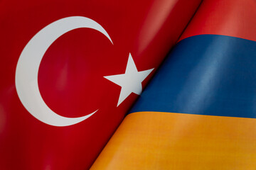 Background of the flags of the Turkey, armenia. concept of interaction or counteraction between the two countries. International relations. political negotiations. Sports competition. - obrazy, fototapety, plakaty