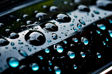 Water drops beading on car paint after repellent wax coating. Closeup.