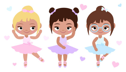 Cute girl. Cartoon girls set, collection. Ballerina set. Funny doll. Vector illustration.