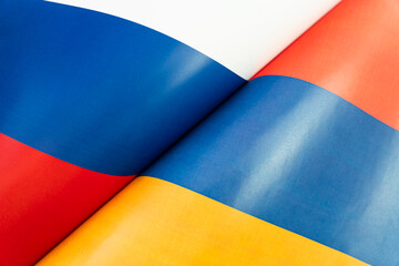 Background of the flags of the russian federation, armenia,. The concept of interaction or counteraction between two countries. International relations. political negotiations. Sports competition. - obrazy, fototapety, plakaty