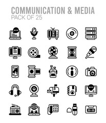 25 Communication And Media Lineal Fill icons Pack vector illustration.