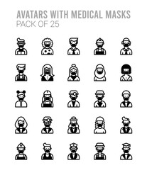 25 Avatars With Medical Masks Lineal Fill icons Pack vector illustration.