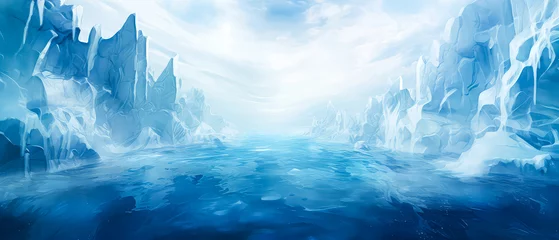 Rolgordijnen Frozen waterfall. Winter landscape with Large icebergs, ice,icicle. Panoramic arctic view. Harsh snowy, ice wonderland. Fantasy art concept. Generative ai © Inai