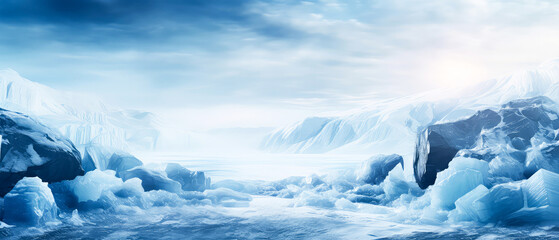 Glacier in ocean. Large icebergs in water. Frozen ice background. Panoramic arctic landscapes. Generative ai.	
