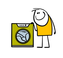 Cartoon hand drawn man looks at the washing machine running quite contentedly. Vector illustration of doodle husband doing homework, washing dirty laundry.