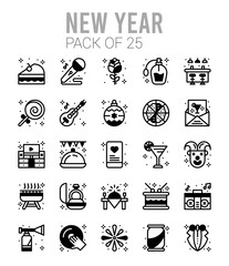 Naklejka premium 25 New Year Lineal Fill icons Pack vector illustration.