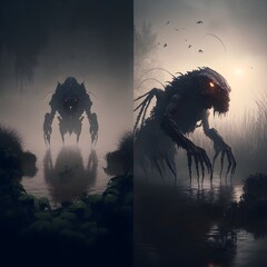 a front and back view of a terrifying demonic monster mammal in a swamp lots of atmospheric fog dynamic lighting hyperreal octane rendering 8k v4 