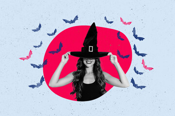 Creative collage image of black white effect mystic conjurer girl arms touch hat flying bats...