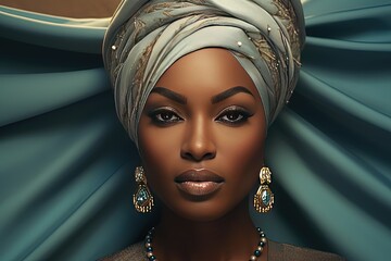 close up face portrait of African woman wearing blue silk headwrap, Generative Ai