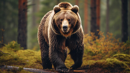 Wild adult Brown Bear Ursus Arctos in the summer forest