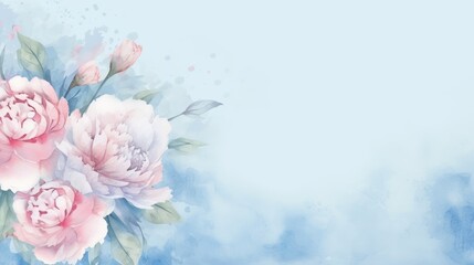 hand painted watercolor flowers on a blue background. copy space. botanical banner for design.