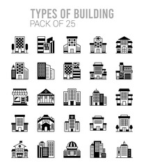 25 Types of Building Lineal Fill icons Pack vector illustration.