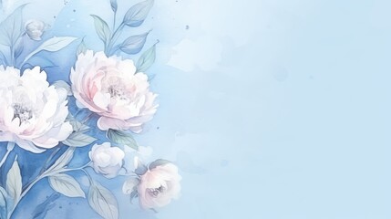 hand painted watercolor flowers on a blue background. copy space. botanical banner for design.