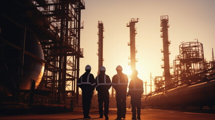 Silhouette of Teams engineer and foreman working at petrochemical oil refinery in sunset