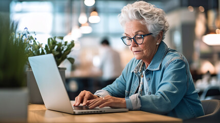 Old granny woman working on laptop computer in cafe at table. Senior adult woman in glasses using laptop. AI generative - obrazy, fototapety, plakaty