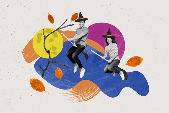 Collage artwork picture of excited smiling witch couple ride halloween brooms isolated graphical background