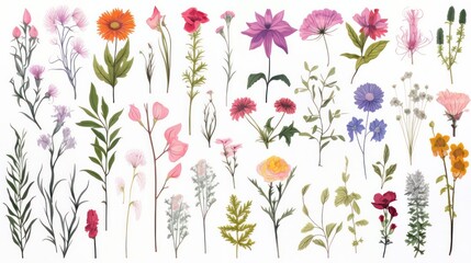 Create a large botanical set of wildflowers, with individual elements that can be combined to form a beautiful watercolor-style bouquet of flowers on a clean white background. Produce a flat vector