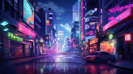 Fototapeta na wymiar Capture the essence of a bustling cityscape at twilight, with vibrant neon signs reflecting on wet pavement, creating a mesmerizing urban dreamscape.