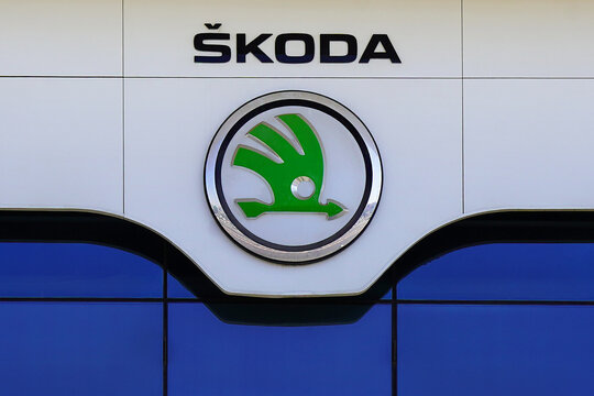 Skoda company logo. Skoda dealership sign of car showroom. Closeup of skoda logo. Skoda car dealer store with dealership text sign with logo brand. 2 July 2022. Tel Aviv. Israel