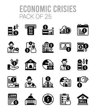 25 Economic Crisies Lineal Fill icons Pack vector illustration.