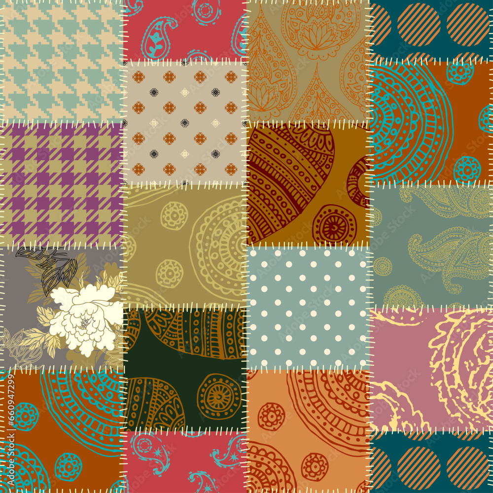 Fototapete quilting design patchwork pattern with natural khaki colors. vector pattern.