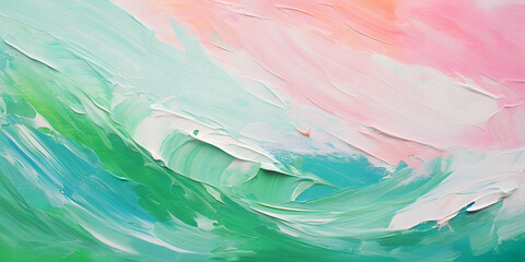 Abstract rough colorful green pink colors art paint texture background wallpaper, painting with oil or acrylic brushstroke waves, pallet knife paint on canvas