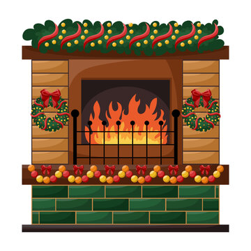 Fireplace with burning fire isolated on white background. Vector cartoon home hearth made of marble, brick, iron with wood, flame, chimney. Cozy fireplace with Christmas decorations, wreaths, garland