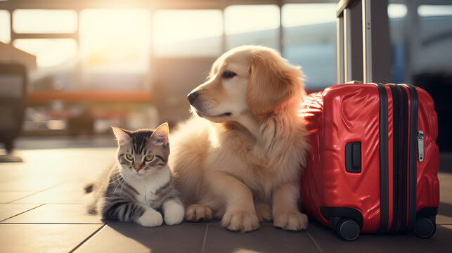 Dog and kitten with a suitcase at the airport, vacation with friend concept