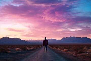 a man walking alone on a country road under gradient morning sky in pink blue hue, Generative Ai - obrazy, fototapety, plakaty