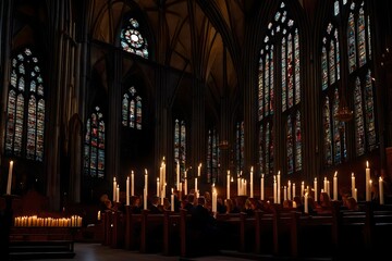 Obraz premium A card with a choir singing in a candlelit church.