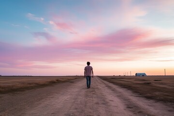 Fototapeta premium a man walking alone on a country road under gradient morning sky in pink blue hue, Generative Ai
