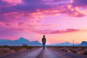 Fototapeta na wymiar a man walking alone on a country road under gradient morning sky in pink blue hue, Generative Ai