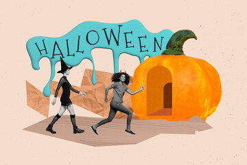 Collage picture of funny ladies wear halloween costumes running party isolated beige color background