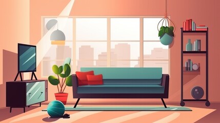 Sport exercise at home. Healthy lifestyle and wellness concept. Flat vector illustration