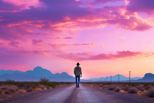  a man walking alone on a country road under gradient morning sky in pink blue hue, Generative Ai