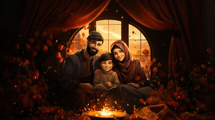 Arabic family sitting at home illustration.