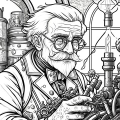 in the style of coloring page a steam punk old man scientist closeup working on a small mechanical device  - obrazy, fototapety, plakaty