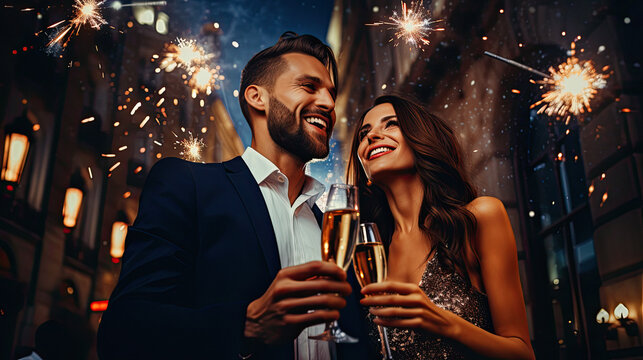 Couple well dressed with champagne glass. On background, people partying and new year