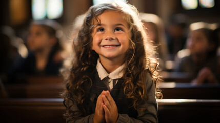 Catholic children and families in the US. Little girl praying in church.