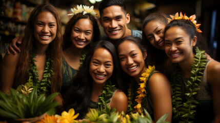 Fa'afafine gender identity in Samoan culture. Group of samoa women and men with Hawaiian flowers in...
