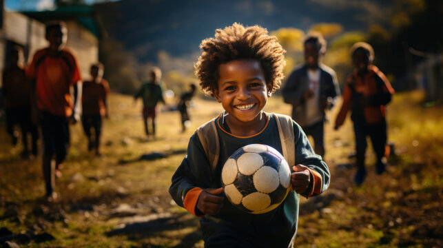 Portrait of happy Papuan boy holding soccer ball while his friends playing on background.