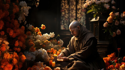 Bald monk franciscan in traditional brown clothes sitting in front of altar with flowers and pray.