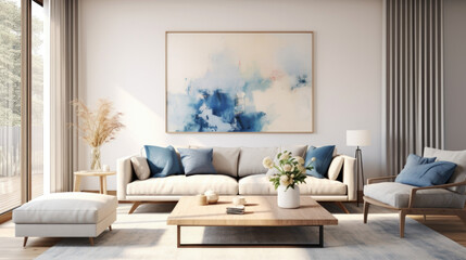 Stylish and Scandinavian living room interior of modern apartment with sofa - obrazy, fototapety, plakaty