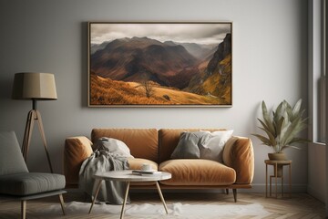 A wall picture displays landscape and a couch with a white frame. Generative AI