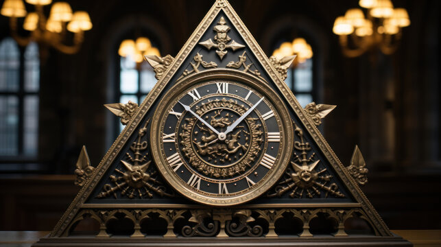 Old triangle clock in the interior Schweiz Freimaurer, Swiss Freemasons concept.