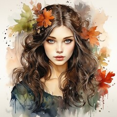Autumn Girl. Beautiful girl with an autumn wreath made of leaves. Watercolor.